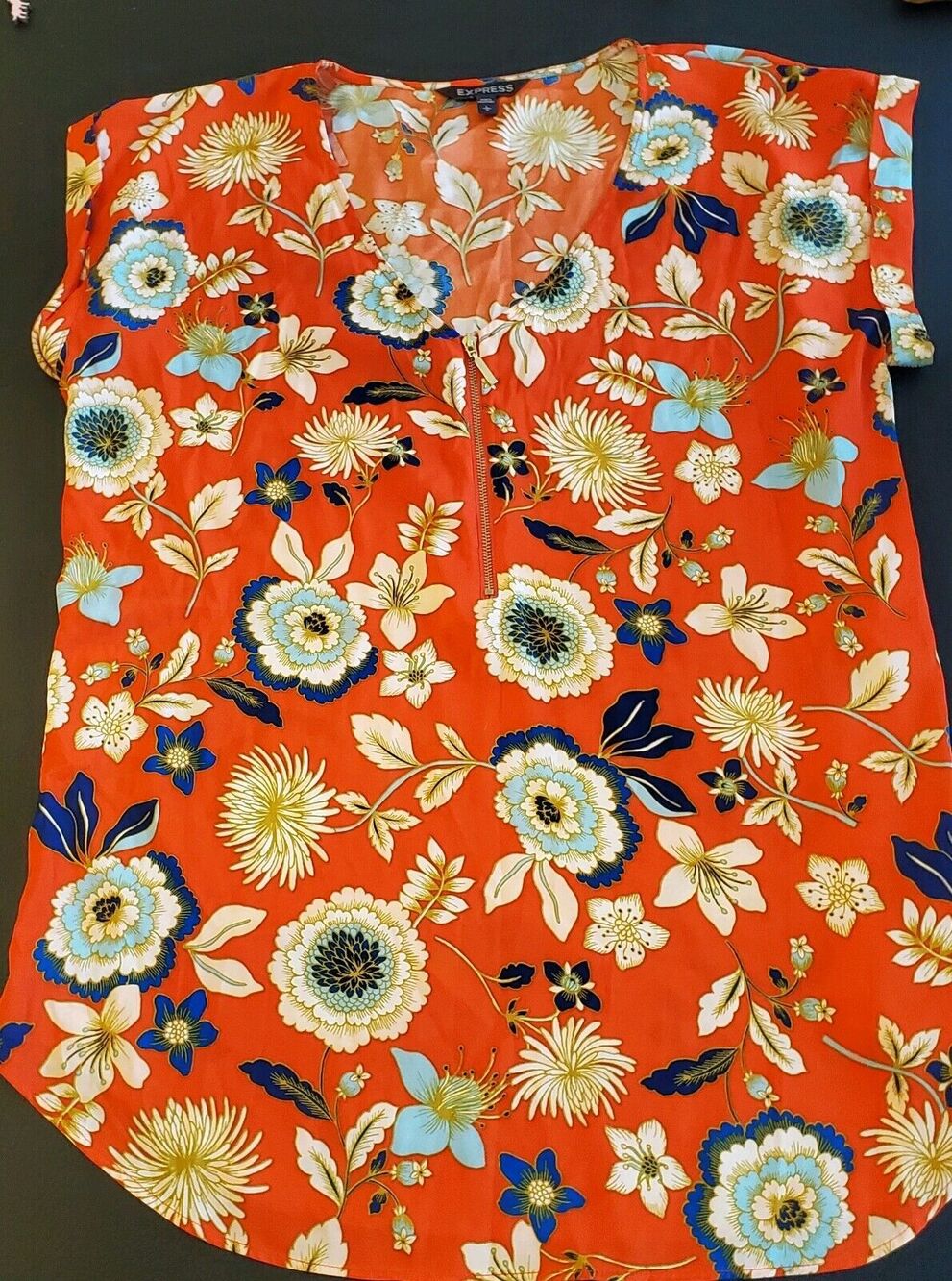 Womens Express Orange Blue Floral Short Sleeves, Tunic tops Blouse Size L